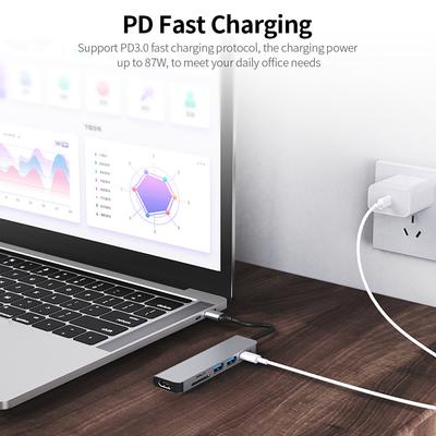 Convertisseur multifonctionnel 6 en 1 de Type C en alliage d'aluminium, avec Ports HD USB2.0 USB3.0 PD TF