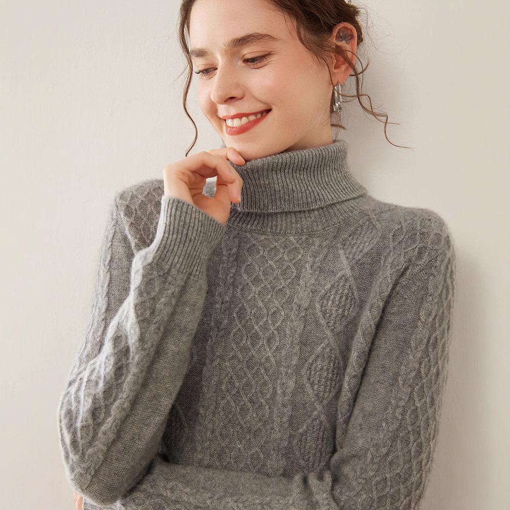 2024 Women's High Neck Cable Knit Cashmere Sweater - Thick, Warm, Short Base Layer for Autumn/Winter