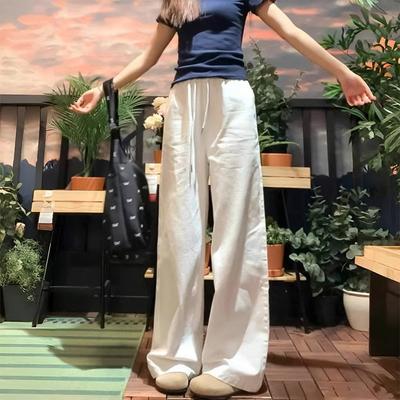 Weiße Weitbeinige Hosen für Damen Im Frühling und Herbst Neu Hochtailliert Hängend Kleiner Kordelzug Locker Gerade Baumwolle und Leinen Jeans