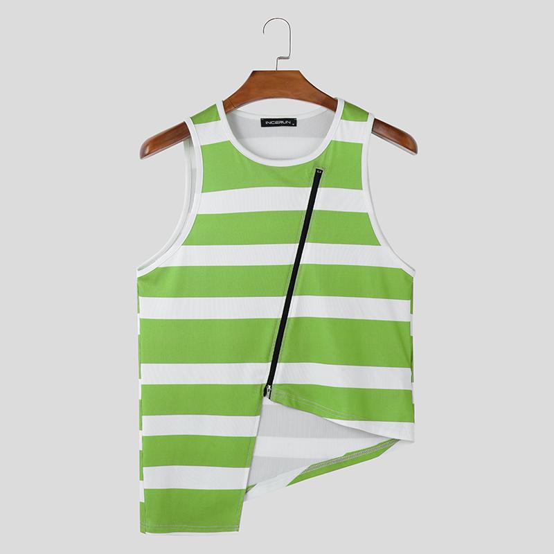 

INCERUN Summer Men O-neck Sleeveless Striped Print Zipper Splits Tank Tops 2XL