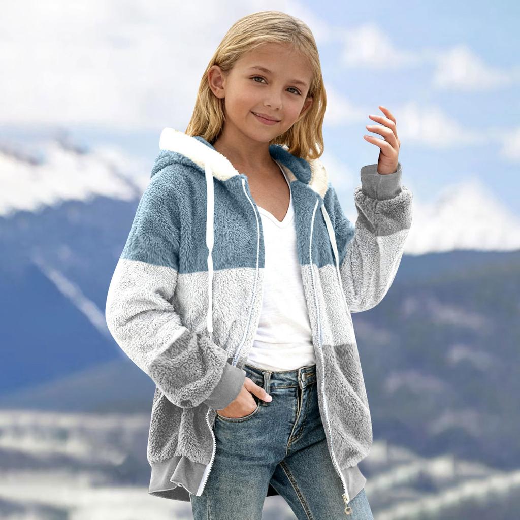 Children's Fashion Color Medium Large Children's Zipper Long Sleeve Hoodie Color Blocked Plush Warm Coat