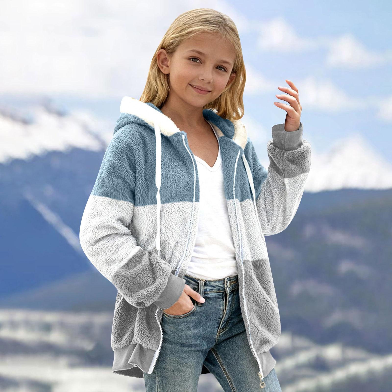 Children s Fashion Solid Color Medium Large Children s Zipper Long Sleeve Hoodie Color Blocked Plush Warm Coat 160 белый