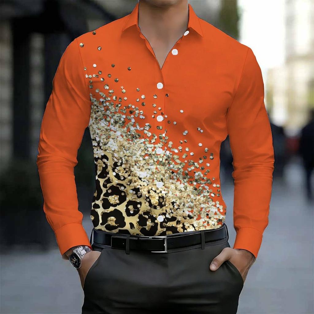 Men Collared Shirt White Base Pink Yellow Rose Leaf Floral Print Long Sleeve Button Down Top
