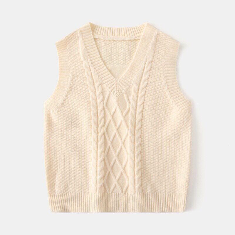 Kids  Sweater Boys V Neck Pure Color Jacquard Wool Vest Tops Baby Cotton Knitwear Sleeveless Vest Sweater Beige 90