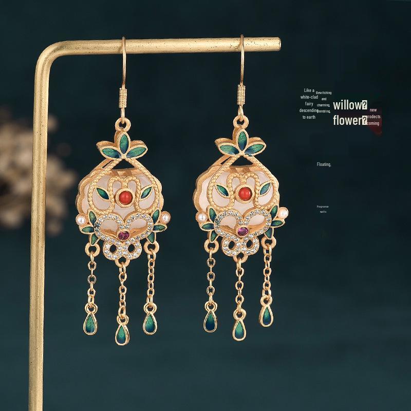 

2022 Ethnic Court-Style Enamel & Imitation Hetian Jade Tassel Earrings