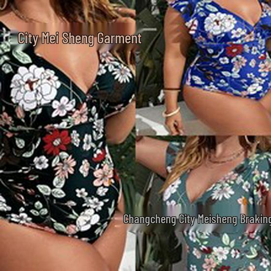 European & American 2024 Plus Size Printed Halter Backless Ruched Bikini for Women
