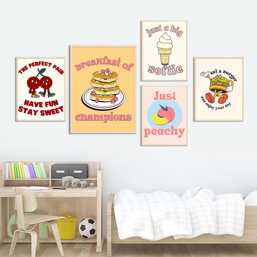 Nursery School Wall Art Cartoon Poster Print Hamburger Ice Cream Cherry Foods Canvas Painting Kitchen Cooker Kid Room Home Decor
