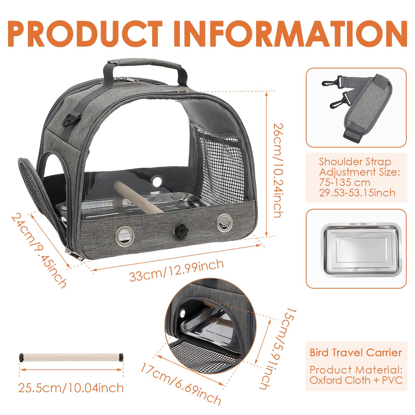 

Portable Bird Travel Carrier Breathable Cockatiels Cage with Standing Perch and Tray Multi-functional Outdoor Pet Accessories