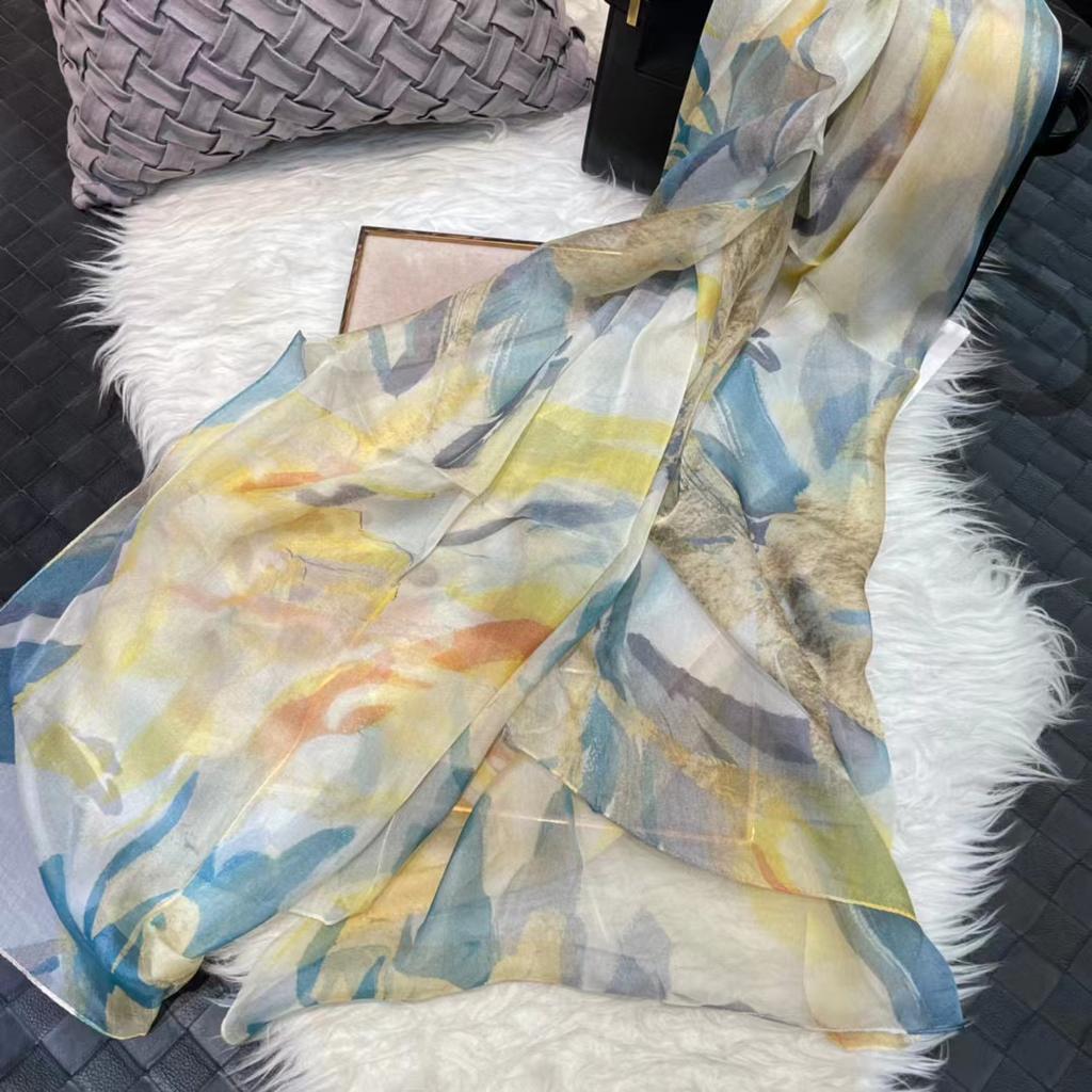 [Bysifa] Grey Blue Silk Scarf Cape Fashion Ladies 100% Silk Long Scarves Foulard Women Plaisley Design Chiffon Scarves Bufandas