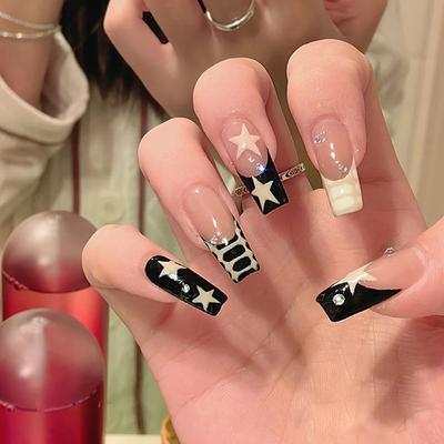Nail Nail Piece Black Milk Yellow Contrasting Color French with Milk White Star Rhinestone Fake Nail Patch Nail