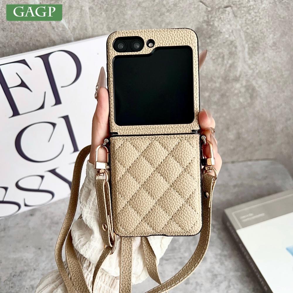 Custodia per telefono in pelle PU con motivo a griglia 3D alla moda per Samsung Galaxy Z Flip 7 6 5 4 Flip6 7FE con tracolla lunga a tracolla