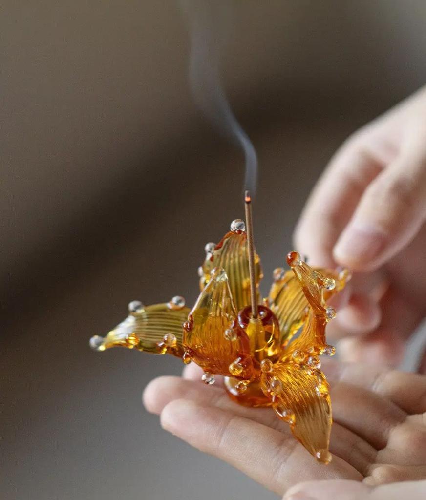 Handmade Flower Ceramic Incense Holder, Artificial Crystal Glass Foam Incense Sticks Holder  Artistic Iris Flower Gift for Women