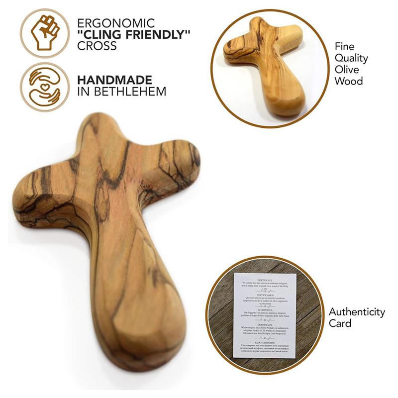 2025 Trend 4Inch Hand Held Olive Wood Clinging Cross Fine Prayer Comfort Holding Wooden Cross - Hand Held Palm Size