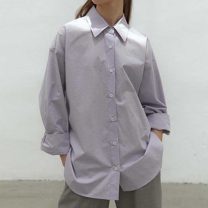 Women Spring Autumn Oversize 100% Cotton Long Sleeve Button Down Shirt, Loose Fit Mid-Length Casual Top