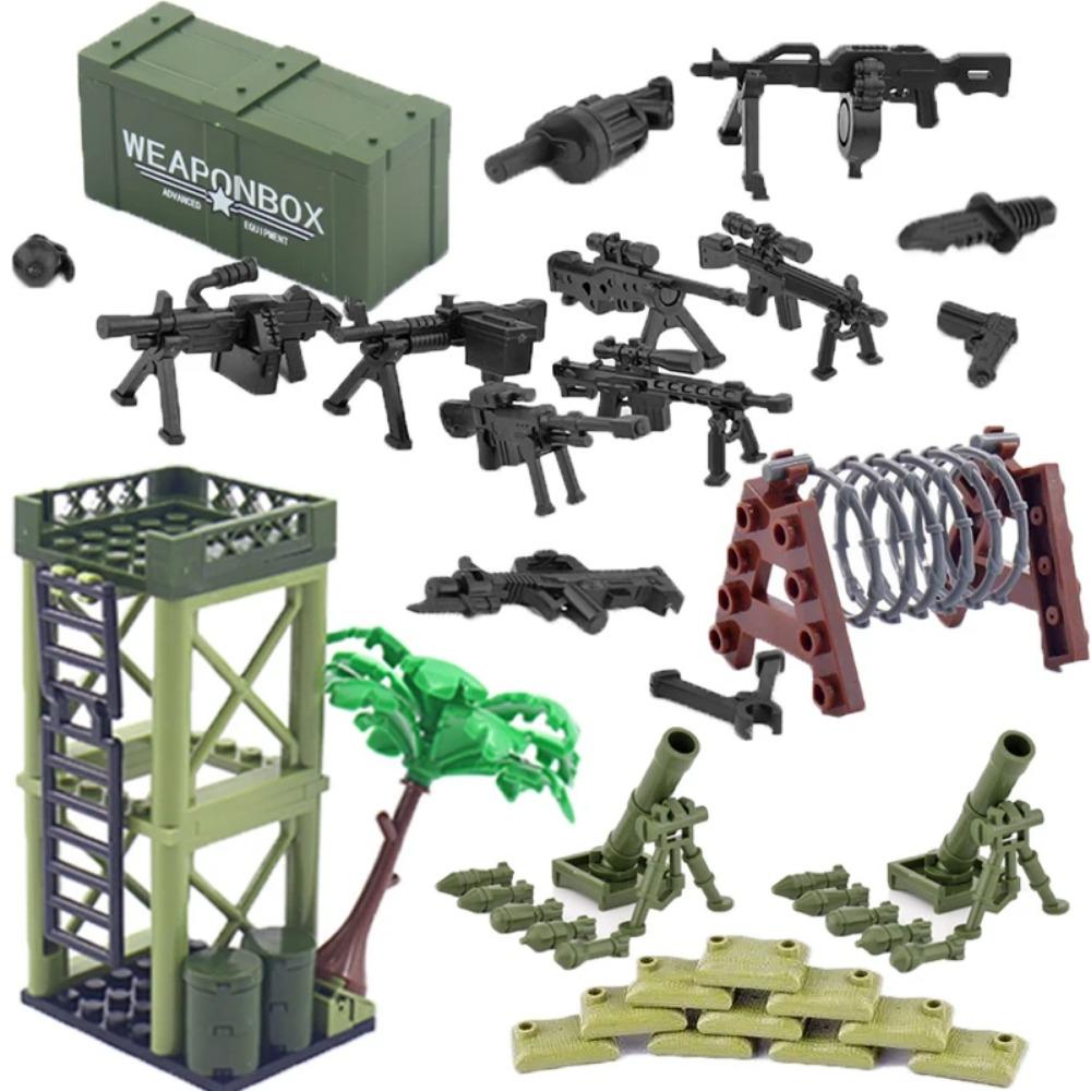WWII Building Blocks Military Weapons Police Soldier Figure Accessories Model Brick Gun Cannon Launcher Bunker Outpost Toy X017