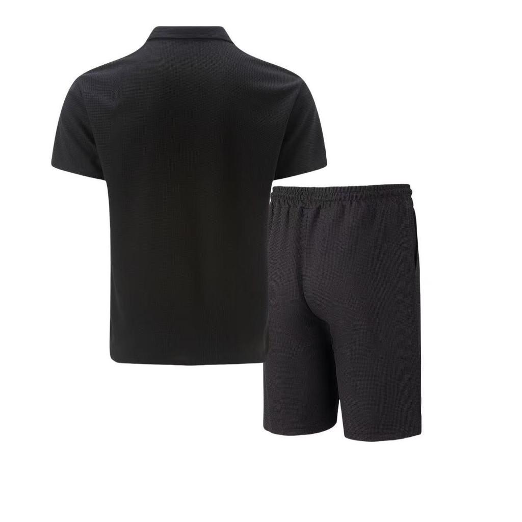 Men's Two-Piece Set: Half Placket Shirt & Drawstring Shorts