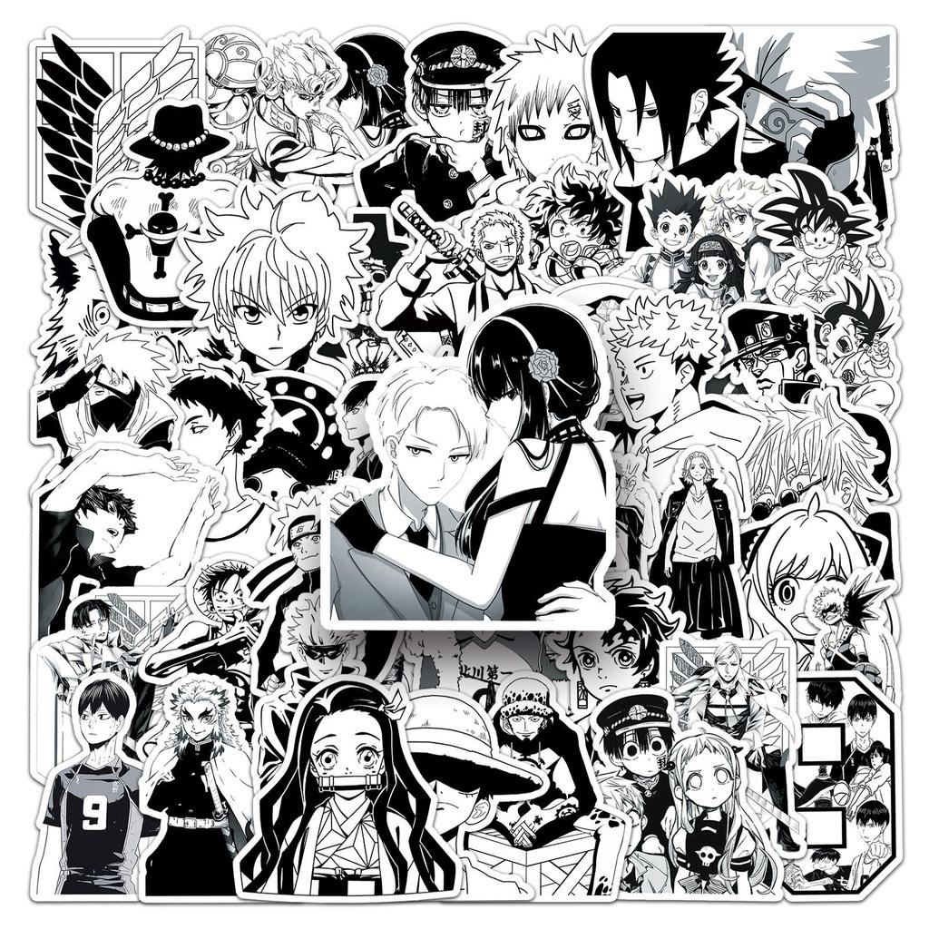 50-Piece One Piece Anime Stickers: Black & White Waterproof Cartoon Graffiti for Phones & Luggage