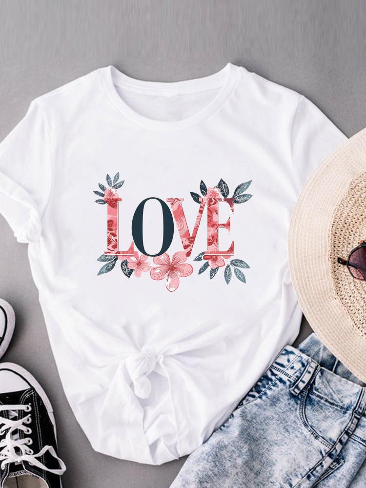 (Asian Size) sweet flower trend cute Women's Clothing Print Short Sleeve T-shirts Fashion Female Casual Top T O-neck Graphic Tee