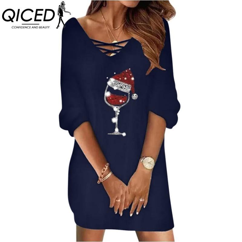 QICED Moda dama primavara toamna imprimeu culoare uni maneca lunga cu decolteu in V talie inalta rochii casual