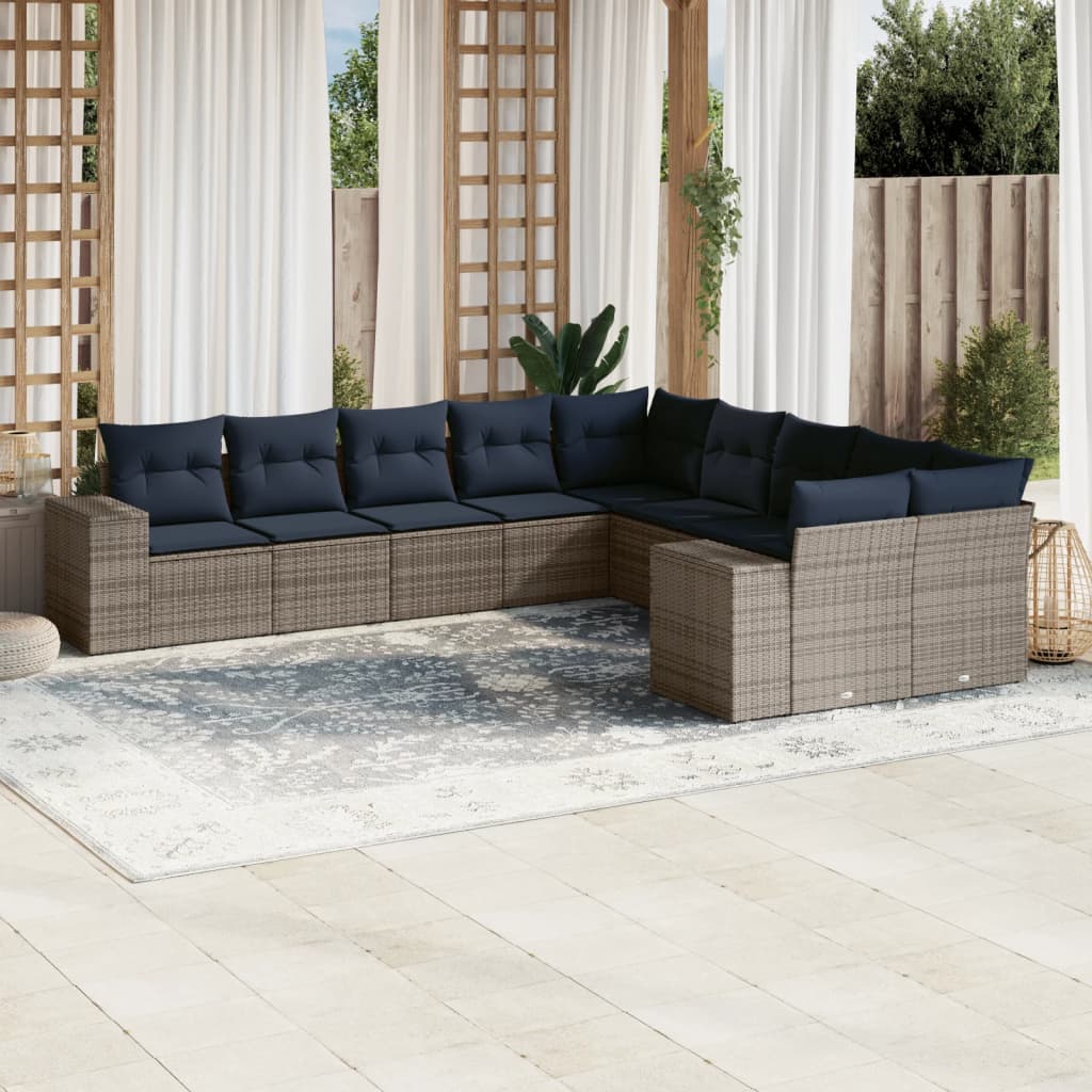 10 Piece Garden Sofa Set with Cushions Gray Poly Rattan