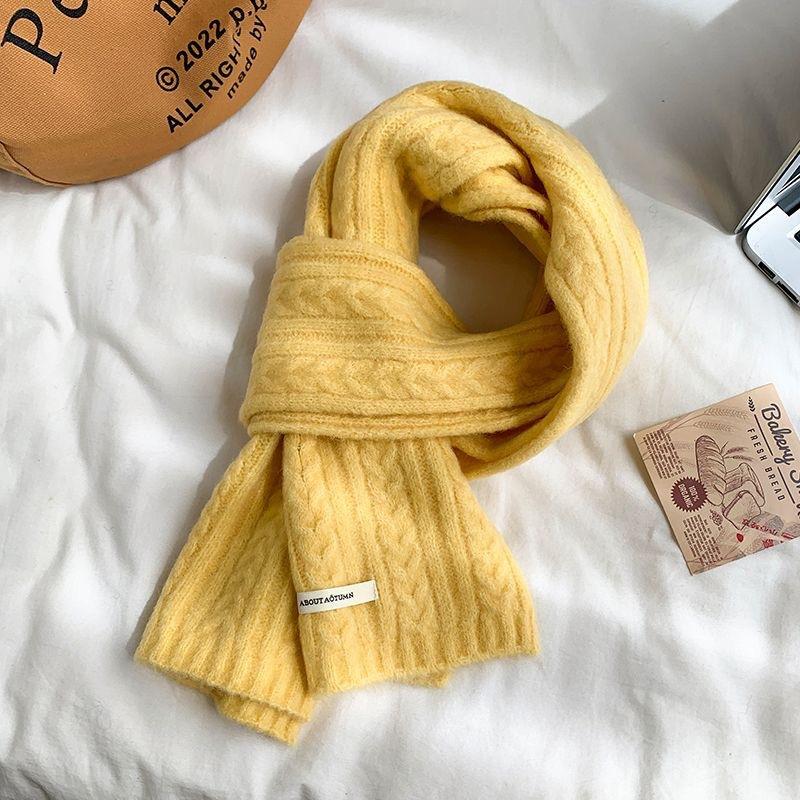 New Solid Color Twist Knitted White Green Scarf for Women in Winter with Wool Warm Scarf Korean Style Student Versatile