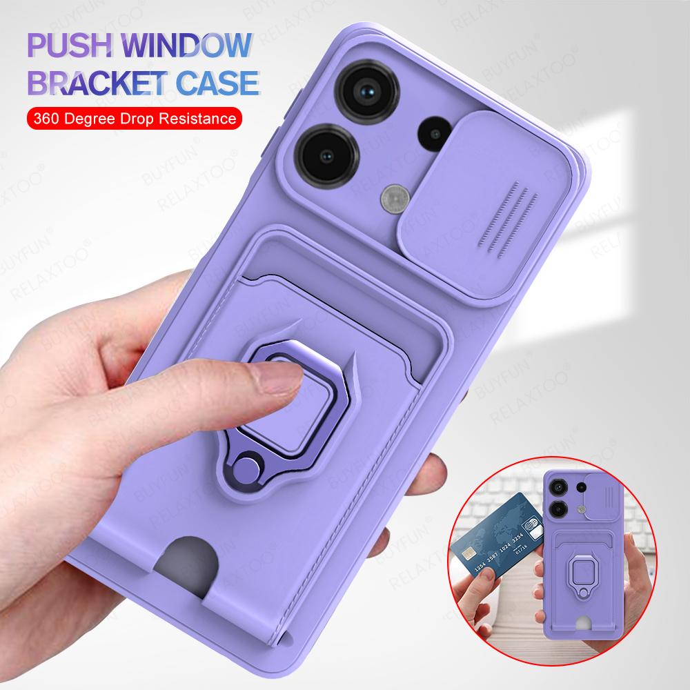 Slide Camera Lens Protection Case For Xiaomi Redmi Note 13 Pro 5G Card Slot Stand Holder Magnet Cover Note13 Pro+ Plus 13Pro 4G
