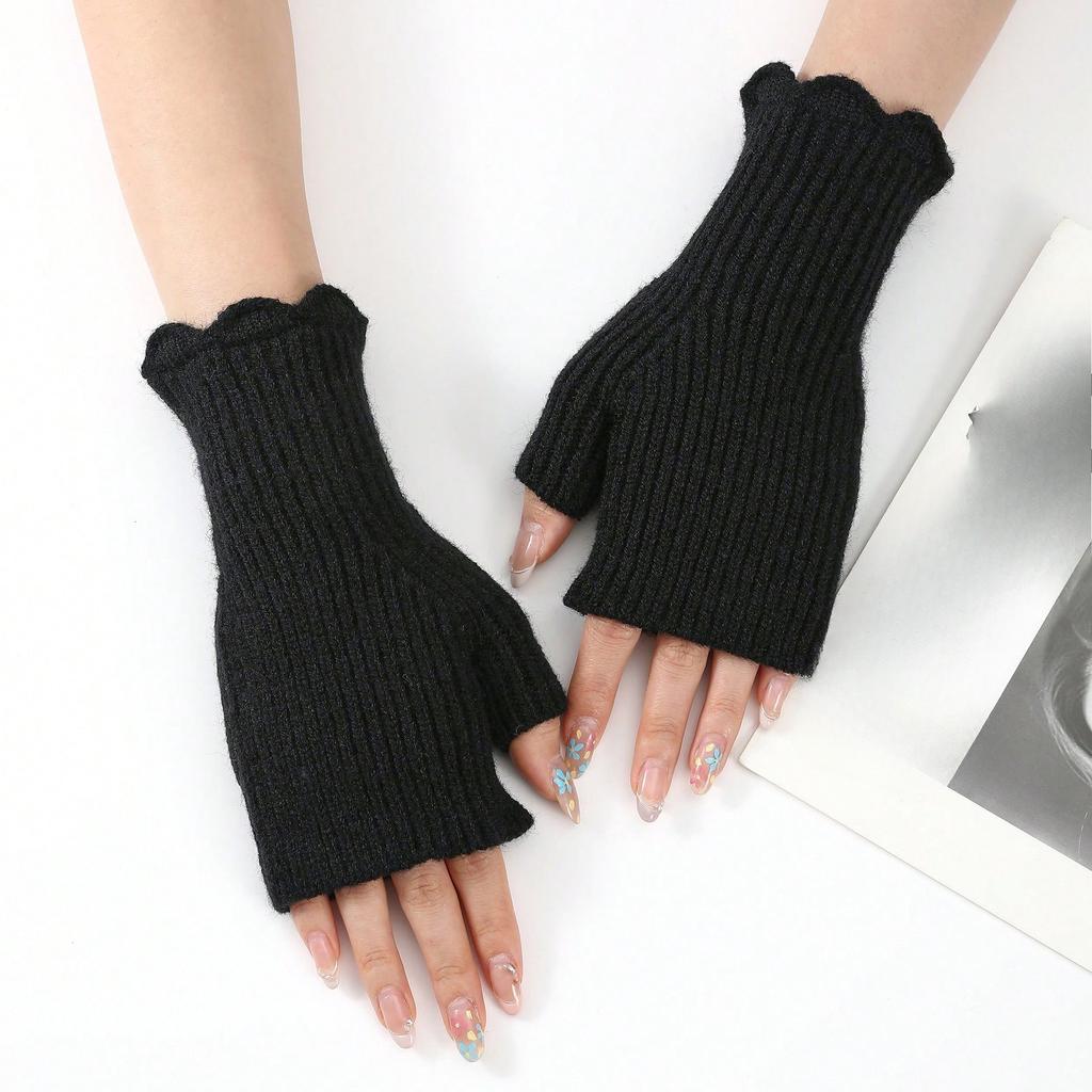 Short Knitted Gloves with Black Fungus Edges Half Length Fingerless Sleeves for Female Students To Keep Warm While Writing In Autumn and Winter