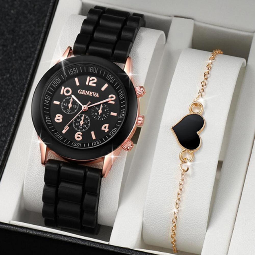 New Women'S Korean Version Of High-End Quartz Watch Simple Classic Silicone Strap Women'S Watch Fashion Set