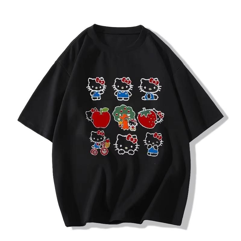 2026 Summer Hello Kitty Fruit  Play Oversized Tshirt High Quality 100 Cotton Apple  Strawberry Print Unisex Casual Tee