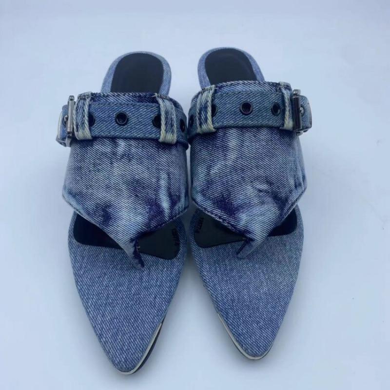 Fashion Brand Blue Denim Belt Buckle Hollow Out Fashion Slippers Summer New Comfortable Women's 5.5cm Low Heel Commuting Sandals Size 43