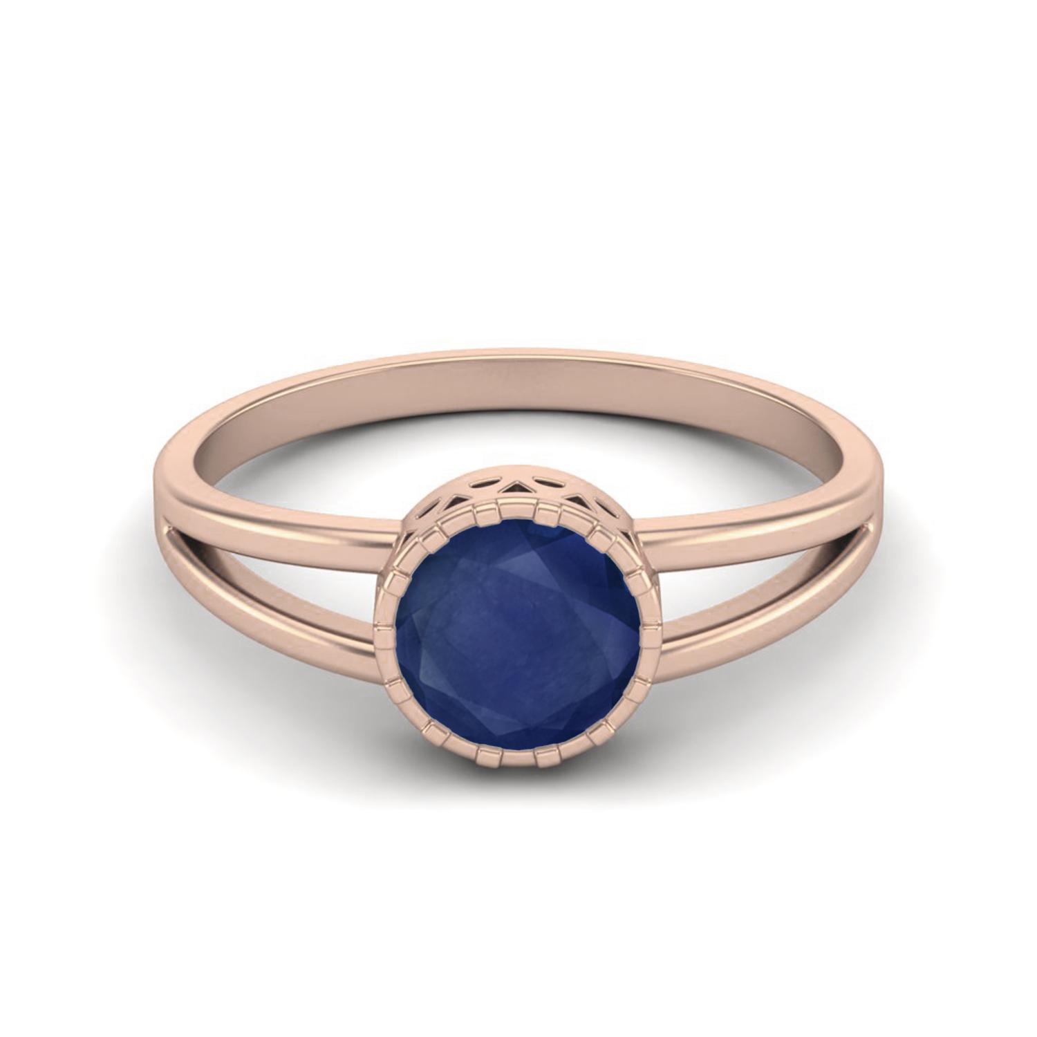 1.05 Cts Round Bezel Set Blue Sapphire 925 Sterling Silver Rose Vermeil Split Shank Women Engagement Rings