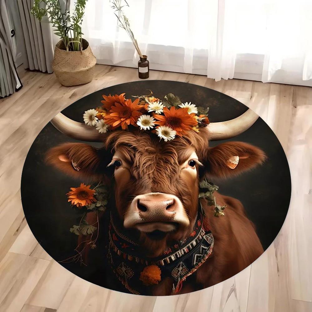 Scottish Highland Cattle Pattern Round Rug Kids Room Circular Carpet Living Room Bedroom Home Decoration Computer Chair Area Mat