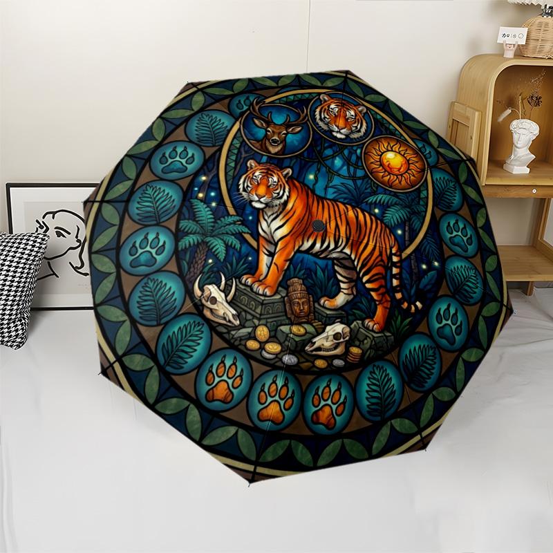 Tiger Sun Jungle Symbols pattern umbrella, portable and foldable design, 8 ribs, a casual accessory for Halloween, Christmas, and birthday gifts.
