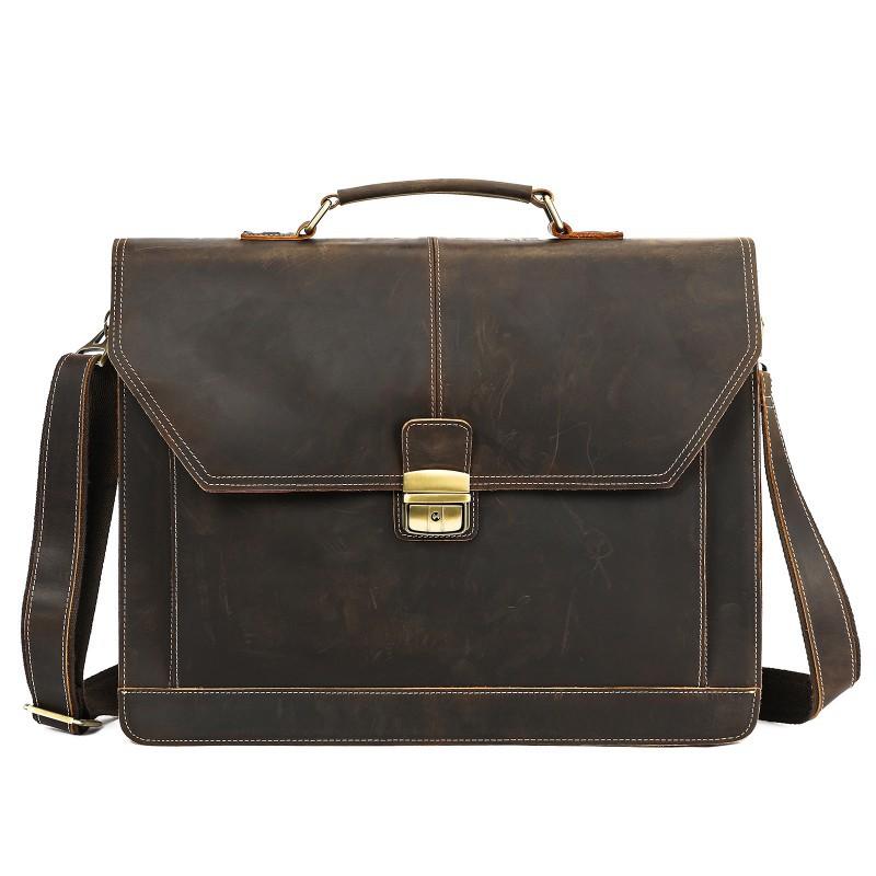 Genuine Leather Retro Men's Business Briefcase Crazy Horse Large Capacity Lock Anti-theft Computer Bag Handbag Men