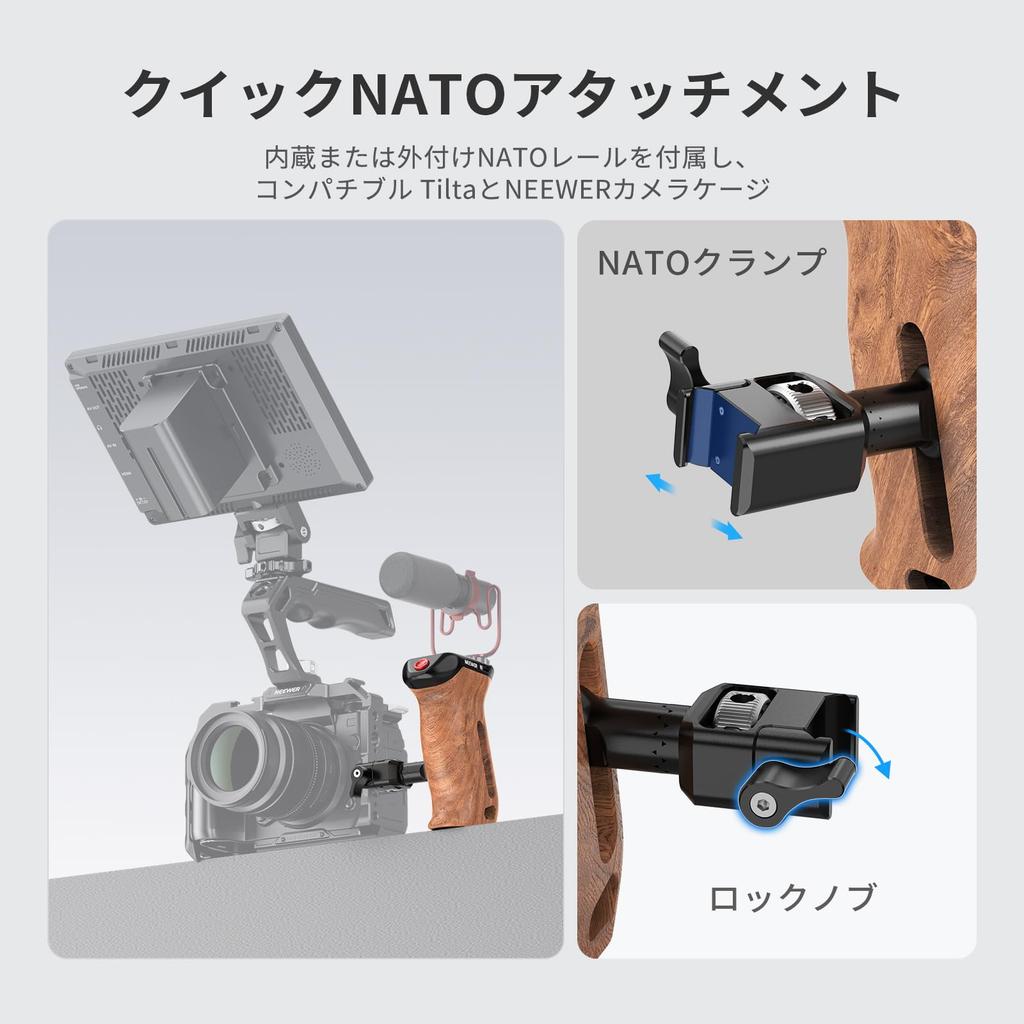 Neewer Wooden Side Grip with Record Remote NATO Vertical Compatible with SmallRig Camera Cages Handle/Hand Start/Stop Trigger, 1/4" & 3/8" Screws,