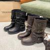 Medium tube short boots women's 2025 spring and autumn new versatile retro knight stacking boots flat-bottomed sleeve suede Martin boots