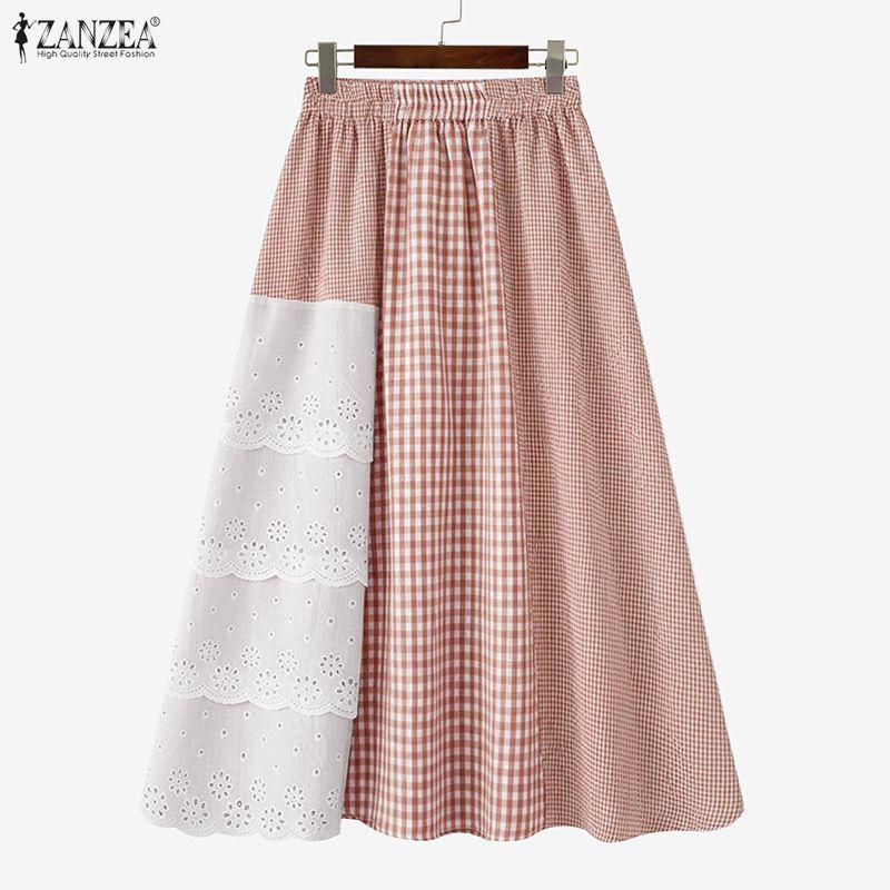 ZANZEA Γυναικείες Καθημερινές Δαντελωτές Κροσέ Πατςγουόρκ Φαρδιές Πλαϊνές Πλακέ Φούστες
