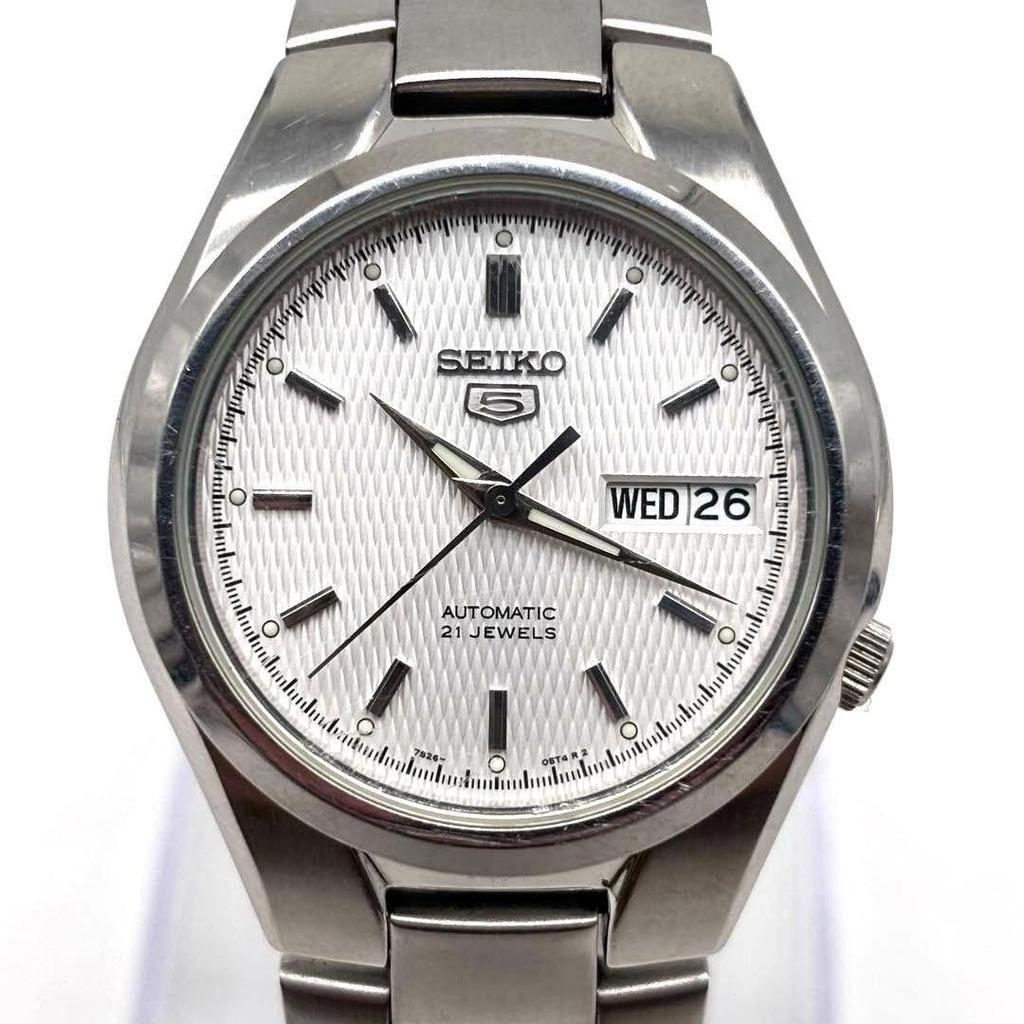 Used SEIKO 5 Automatic Watch with White Dial, Exhibition Case Back, Day-Date - Reason for Discount
