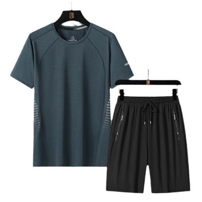 Pánský letní tenký set s krátkým rukávem z ledového hedvábí, rychleschnoucí tričko, dvoudílný set šortek, sportovní oblečení