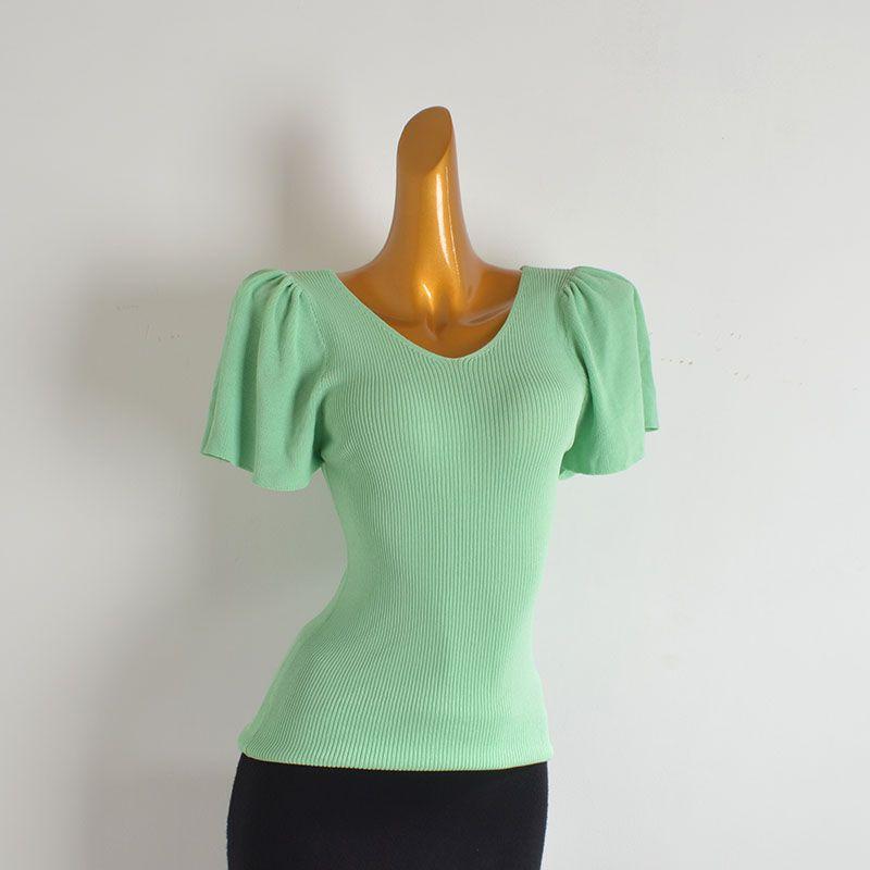 Cabinet V-neck Pleat Short sleeve Ice Silk Knit Women clothes Summer Pure Desire Wind Slim fit Slimming All-Match T-shirt Top