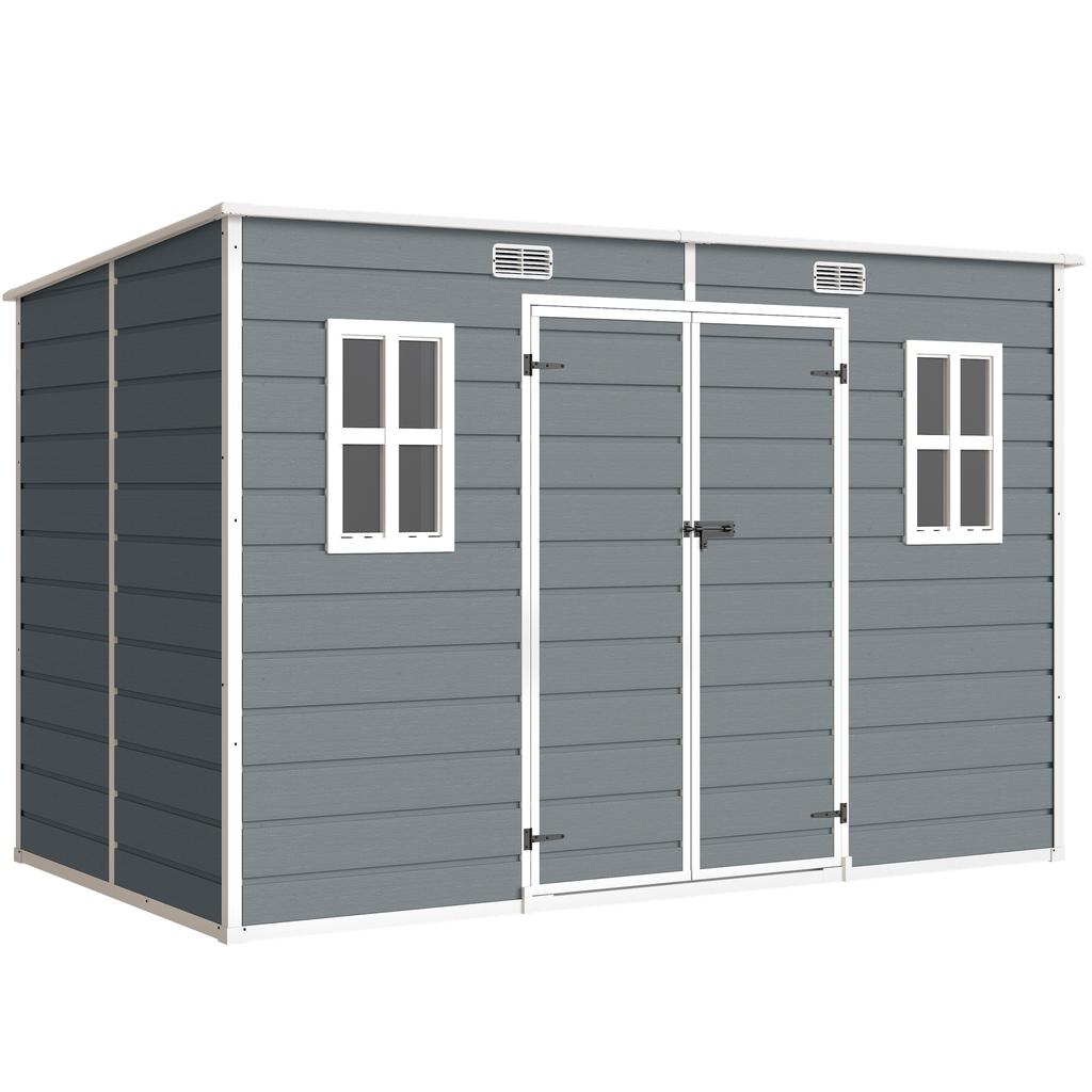 10 X 6 Ft Resin Garden Shed, Outdoor Storage Shed with Floor, Windows, Lockable Doors and Vents, Grey