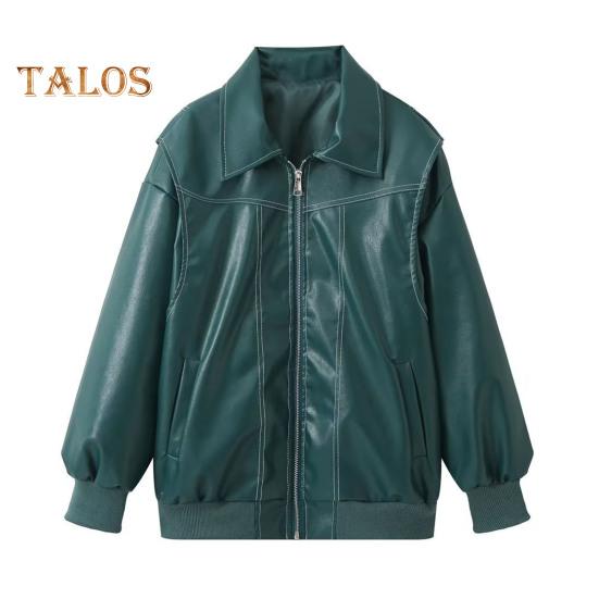 Lady Retro Coat Pure Color Turn-down Collar Zipper Closure Elastic Cuff And Hem Faux Leather Motocycle Jacket Outdoor Travel Coat