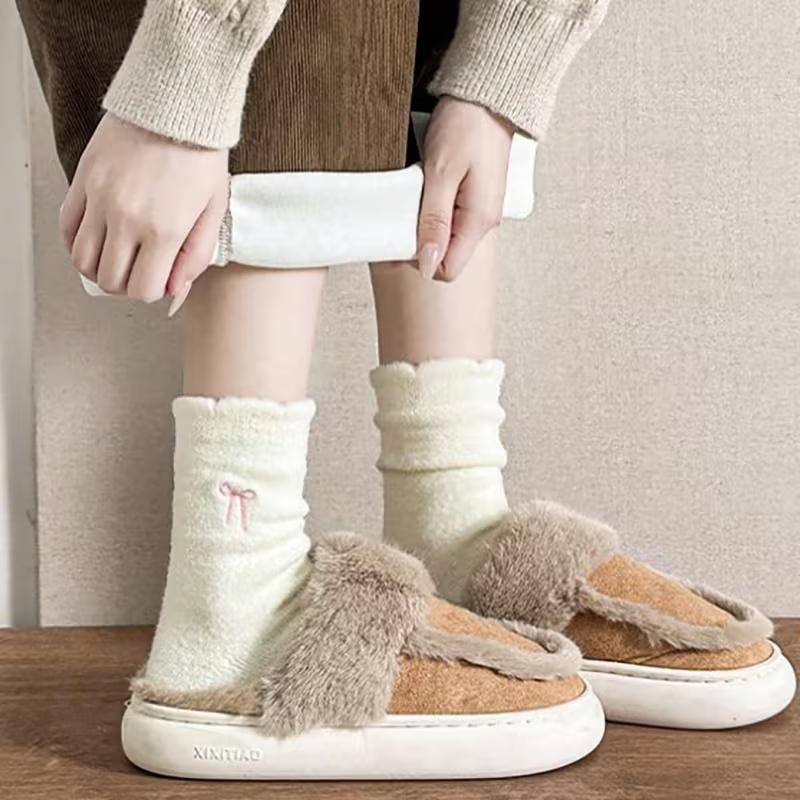 1 Pair Women's Plush Boot Socks with Bow - Soft Warm Winter Socks for Snow & Casual Boots, Hand Wash