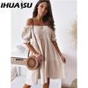 IHUASU Vestido Sexy con Cuello Abierto para Mujer Verano Plisado Manga Abullonada Espalda Descubierta Fiesta Vestidos de Playa Femenino Elegante Sólido Largo hasta la Rodilla