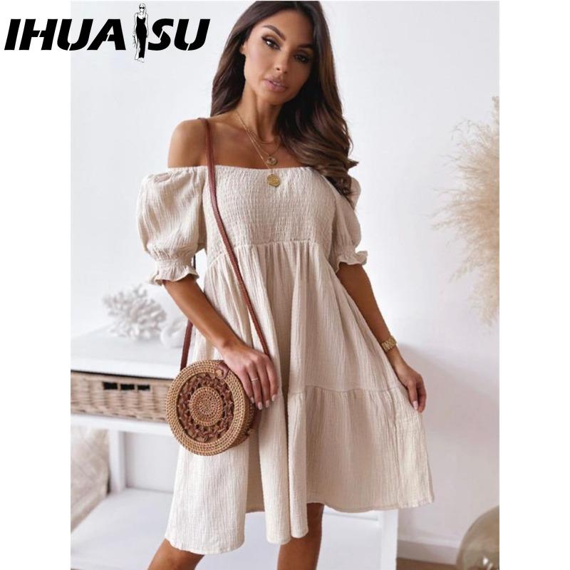 

IHUASU сексуальное платье с разрезом на шее женское летнее плиссированное платье с рукавами-фонариками и открытой спиной для вечеринок и пляжа женское элегантное однотонное платье длиной до колена M бежевый