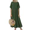 Women Casual Summer Beach Sundress Maxi Long Dress Short Sleeve Crew Neck Dot Print Pleated Swing