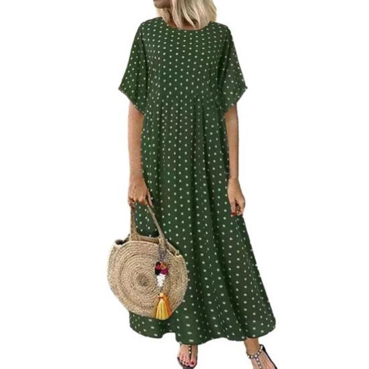 Women Casual Summer Beach Sundress Maxi Long Dress Short Sleeve Crew Neck Dot Print Pleated Swing