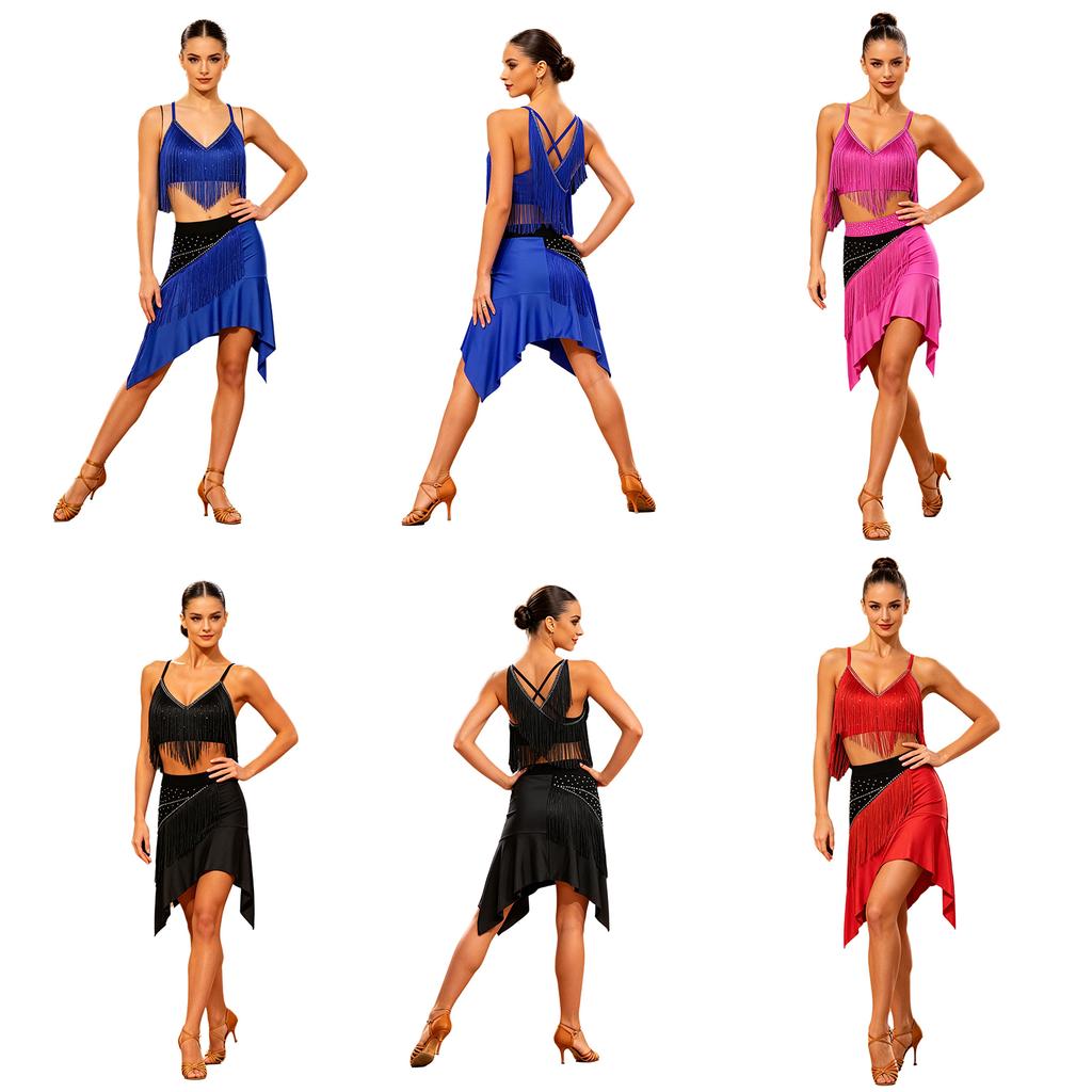 Women‘s Latin Dance Set V Neck Sleeveless Fringe Top Crisscross Back with Irregular Hem Color Block Skirt for Cha Cha Tango Stage Show