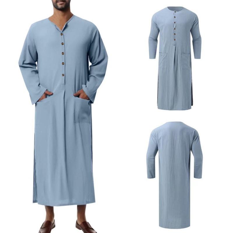 Men S Loose Long Sleeve Solid Color Ethnic Style Robe