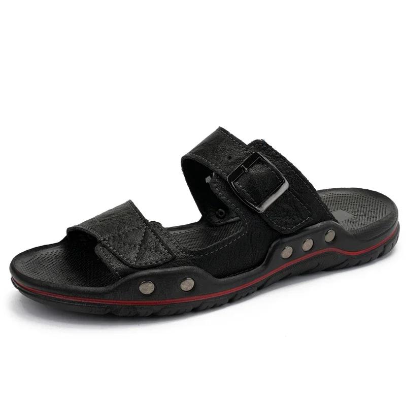

2025 New Men Casual Leather Slippers Summer Outdoor Flat Designer Beach Slippers Breathable Antiskid Soft Bottom Walking Shoes 49